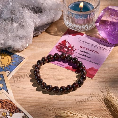 Bivei 8mm Beaded Bracelets for Women Handmade Semi Precious Natural Stone Stretch Elastic Jewelry Yoga Protection Gifts - color: Garnet - Passion & Energy, size: Medium 6.8-7.3 inch