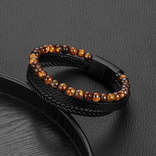 Leather Bead Bracelets for Men, Natural Tiger Eye Lava Rock Stone Bead Magnetic Clasp Adjustable Leather Bracelets Stress Relief Mens Anxiety Bracelet Mens Jewelry Gifts - style: Black Leather-Tiger Eye Bead
