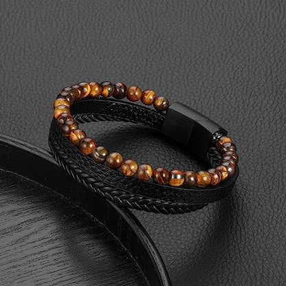 Leather Bead Bracelets for Men, Natural Tiger Eye Lava Rock Stone Bead Magnetic Clasp Adjustable Leather Bracelets Stress Relief Mens Anxiety Bracelet Mens Jewelry Gifts - style: Black Leather-Tiger Eye Bead