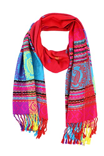 PASKMLNA Double Side Multi Colors Silky Tropical Colorful Exotic Pashmina Wrap Shawl Scarf Rave - color: #1red