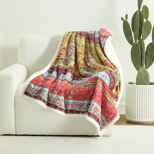 Boho Chic Sherpa Throw Blanket - Vibrant Bohemian Print & Ultra-Soft Cozy Lining, Stylish & Warm Winter Throw for Couch, Bed, or Décor - color: Boho-sunrise Flower, size: 50" x 60"