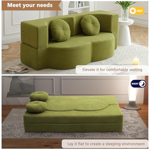 2-in-1 Folding Sofa Bed with Pillow, No Assembly Futon Twin Size Sofa Bed, Breathable Linen-Cotton Convertible Couch Bed for Living Room and Guest Room, 75.5 Inch,Green - color: Green-75.55", size: 2 seat