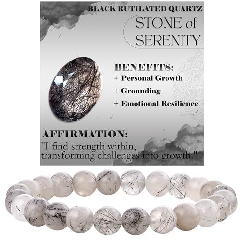 Bivei 8mm Beaded Bracelets for Women Handmade Semi Precious Natural Stone Stretch Elastic Jewelry Yoga Protection Gifts - color: Black Rutilated Quartz - Resilience, size: Medium 6.8-7.3 inch
