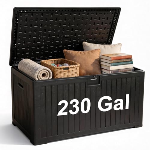 230 Gallon Outdoor Storage Box, Waterproof Extra Large Resin Deck Box with Lockable Lid for Patio, Pool Equipment, and Cushions, Black - color: Black(230 Gal)