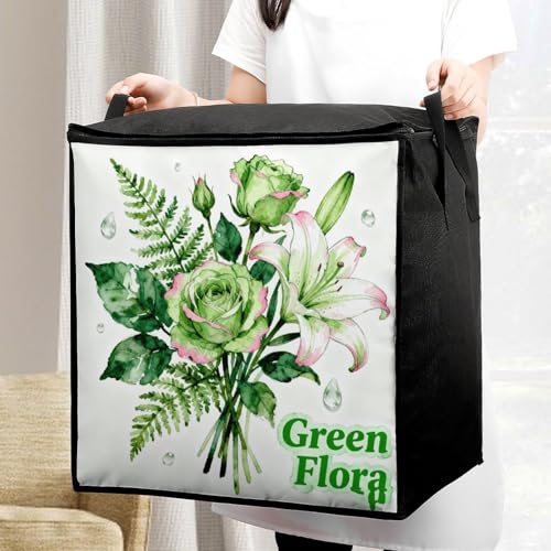Green Flora Storage Bag Portable Closet Organizer Storage Bags Quilt Storage Bags with Zippered Breathable Storage Bag with Carry Handles for Blanket Pillow Bedding