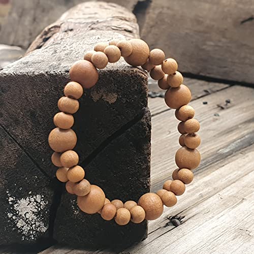 Sandalwood Bracelet for Women Men Buddhist Prayer Strand Chandan Bracelet Handmade Stretchable Elastic Sandalwood Beaded Wristbands for Yoga Meditation - style: Sandalwood 2 row