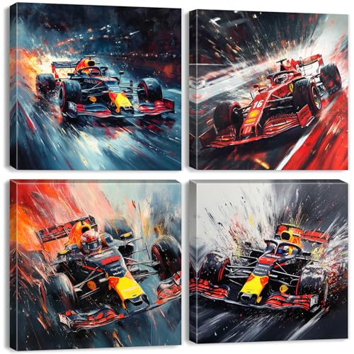 Abstract Supercar Wall Art for Man Cave Colorful Formular Car Pictures Cool Boys Bedroom Posters Black and White Cyberpunk Vehicle Canvas Prints Sport Artwork Playroom Office Home Decoration 16x16" 4P - color: Formular Car, size: 16"l X 16"w