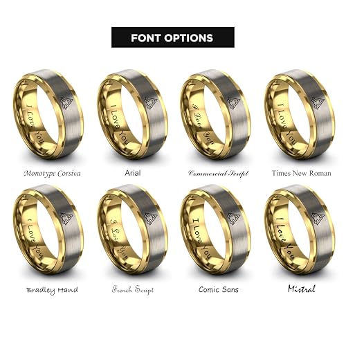Gift for Yoga Fan - Yoga Meditation Ring - Flat Dome Bevel - Band - Men Women - Brushed Polished - Tungsten - Personalized Custom Engraving - 8mm - Anniversary Wedding - Yellow Rose Gold Silver - color: 09 - Yellow Gold Grey Tungsten