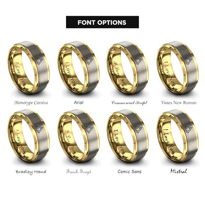 Gift for Yoga Fan - Yoga Meditation Ring - Flat Dome Bevel - Band - Men Women - Brushed Polished - Tungsten - Personalized Custom Engraving - 8mm - Anniversary Wedding - Yellow Rose Gold Silver - color: 09 - Yellow Gold Grey Tungsten