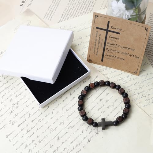 MILAKOO Wooden Bracelet with Black Stainless Steel Cross Charms Bead Christian Gifts for Women Men - color: D2