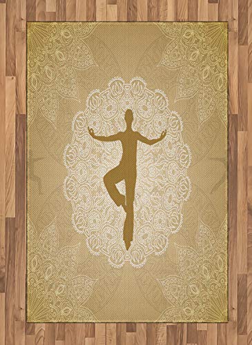 Ambesonne Yoga Area Rug, Mandala Inspired Composition Man Posture Asana Meditation Print, Flat Woven Accent Rug for Living Room Bedroom Dining Room, 4' X 5' 7", Sand Brown and White
