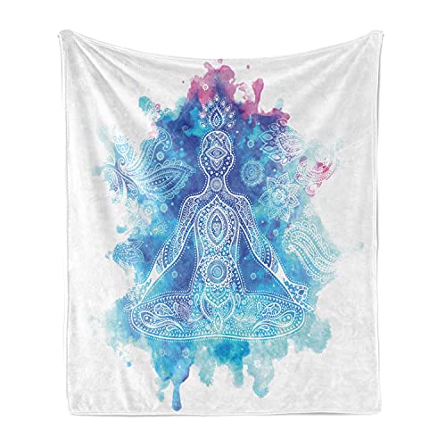 Lunarable Yoga Throw Blanket, Ornamental Art Mandala Lotus Cross-Legged Position Print, Flannel Fleece Accent Piece Soft Couch Cover for Adults, 50" x 70", Aqua Blue Pink - size: 50" x 70" for Adults