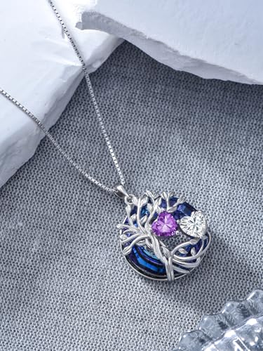 TOUPOP s925 Sterling Silver Family Celtic Tree of Life Pendant Necklaces with 2 Heart Birthstone with Blue Austrian Crystal Jewelry Birthday Valentines Day Gifts for Her, Anniversary Christmas Gifts for Wife Girlfriend Mom (18K Real White Gold Filled) - c
