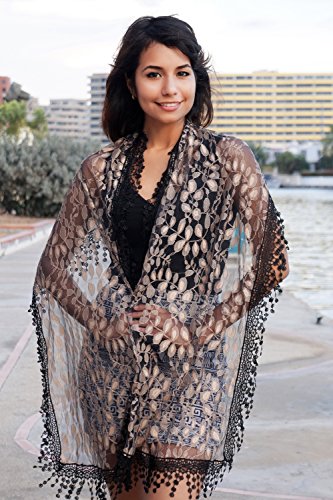 Cindy and Wendy Lightweight Soft Leaf Lace Fringes Scarf Bridal Veils shawl for Women - color: Black & Coffee