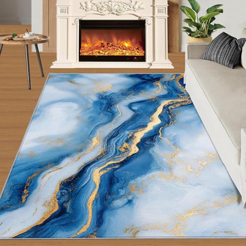Light Luxury Marble Rug - 4x5 Rug, Blue Rugs for Living Room Bedroom, Fluid White Gold Washable Rugs, Non Slip Classroom Carpet, Soft & Low-Pile - color: Pattern#061, size: 4' x 5' (Rectangular)