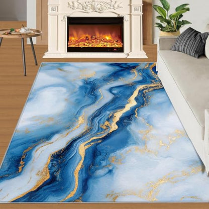 Light Luxury Marble Rug - 4x5 Rug, Blue Rugs for Living Room Bedroom, Fluid White Gold Washable Rugs, Non Slip Classroom Carpet, Soft & Low-Pile - color: Pattern#061, size: 4' x 5' (Rectangular)