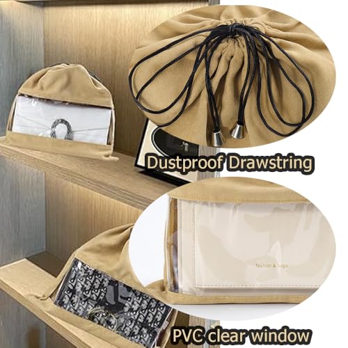 Dustproof Drawstring Suede Fabric Bags,Premium Transparent Purse Bags with PVC Clear Window,Handbags Shoe Toy Dust Cover Bags for Storage and Travel