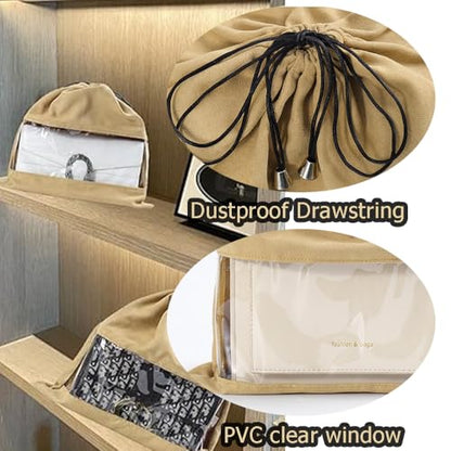 Dustproof Drawstring Suede Fabric Bags,Premium Transparent Purse Bags with PVC Clear Window,Handbags Shoe Toy Dust Cover Bags for Storage and Travel