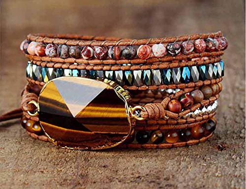 Boho Wrap Bracelet for Women, Handmade Natural Imperial Jasper Multi-Layer Stone Beaded Bracelet, Bohemian Healing Crystal Stone Jewelry Gifts - color: Tiger Eye