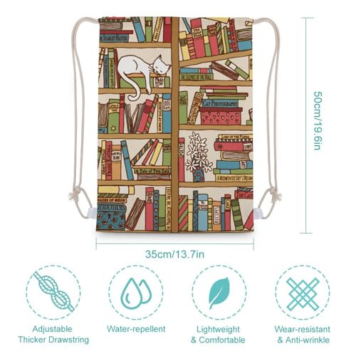 Sleeping Cat Library Bookshelf Portable Canvas Drawstring Backpack with Drawstring Pockets 35x50cm - color: Sleeping Cat Library Bookshelf, size: 35x50cm