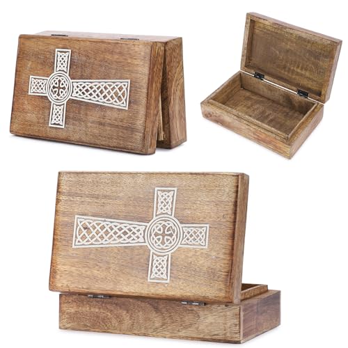 Ajuny Handcarved Mango Wood Jewelry Box French Rope Cross Design keepsake & Trinket Organizer Multipurpose Vintage Treasure Chest with Hinged Lid Handmade Gift for Women & Girls (White/Brown, 8x5 In) - size: 8 x 5 Inch