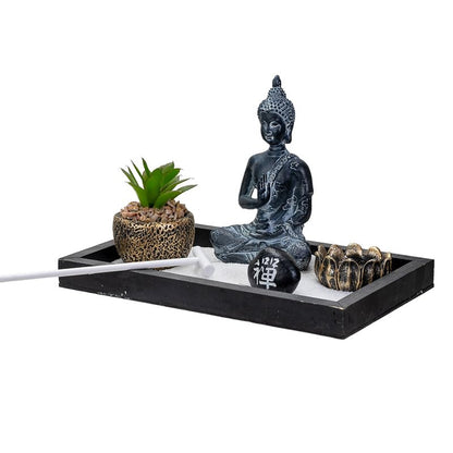 Pacific Giftware Meditation Zen Garden Set with Buddha Statue Artificial Succulent Plant Tea Light Candle Holder White Sand Decorative Wood Display Tray 12" x 3"