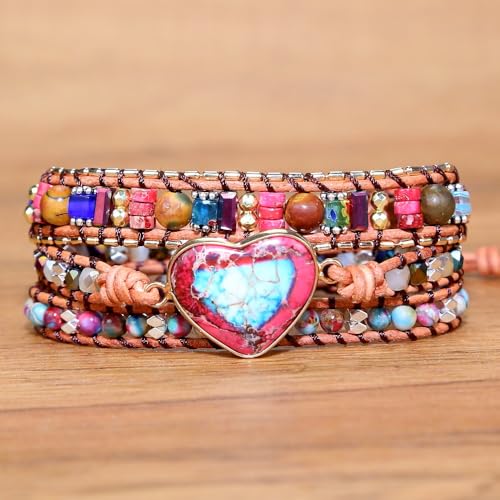 Handmade Boho Wrap Bracelets Natural Turquoise Crystal Stone Variety Beaded Strand Bracelet - color: Red Heart