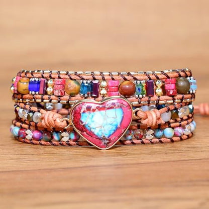 Handmade Boho Wrap Bracelets Natural Turquoise Crystal Stone Variety Beaded Strand Bracelet - color: Red Heart