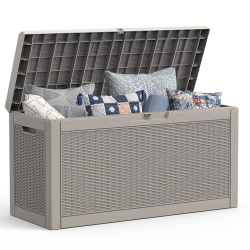 Mars Villa 60 Gallon Outdoor Storage Bench, Deck Box Waterproof Outside Resin Storage Bin for Outdoor Patio Furniture Cushion, Pool Supply, Garden Tool, UV-Resistant and Weatherproof, Rattan Greige - color: Greige, size: 60 Gallon Bench