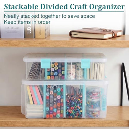 BTSKY Clear Plastic Dividing Storage Box with 4 Compartments Adjustable Storage Bin with Lid Plastic Craft Storage Container Multipurpose Sewing Box Art Supply Organizer, 13.3x8.1x3.4 Inches - size: 13.3x8.1x3.4 Inches-Clear