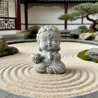 Stone Buddha Monk Statue, Mini Zen Garden Figurine for Desk Tabletop Decor, Small Meditating Sculpture for Landscape Rockery, Aquarium Ornament, Patio Yard Lawn Decorative Gift(Lotus)