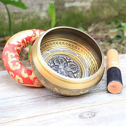 Tibetan Singing Bowl Set,Carved with Crossed Vajra and Mentra of Om Mane Padme Hum,For Sound Healing,Meditation,Yoga,Relaxation,Chakra Balance,Handmade in Nepal(4.13inches) - color: Cross Vajra, size: 10.5cm