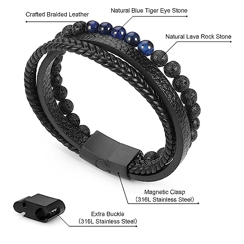 Leather Bead Bracelets for Men, Natural Tiger Eye Lava Rock Stone Bead Magnetic Clasp Adjustable Leather Bracelets Stress Relief Mens Anxiety Bracelet Mens Jewelry Gifts - style: Black Leather-Lava Rock&Blue Tiger Eye