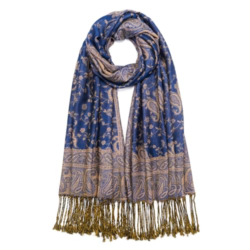 QIUTIMIY Paisley Pashmina Shawl Wrap Women Reversible Vintage Jacquard Pashmina Rave Scarf with Fringe for Evening, Wedding - color: Flower1-royal Blue