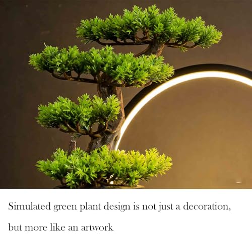 Ceramic Deer Statue Backflow Incense Burner，Circle LED Ring Light，Green Artificial Tree Welcome Pine， Meditation Statues for Home Decor