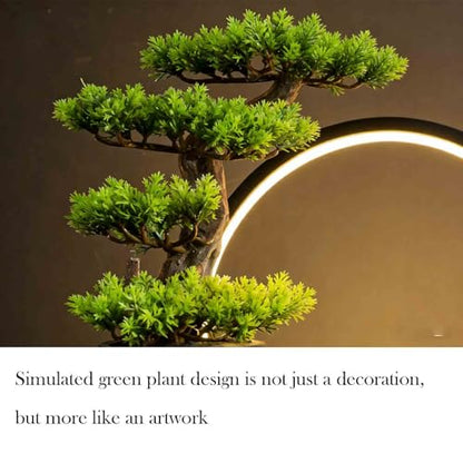 Ceramic Deer Statue Backflow Incense Burner，Circle LED Ring Light，Green Artificial Tree Welcome Pine， Meditation Statues for Home Decor