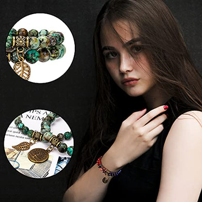 Bivei Natural Semi Precious Gemstone beads bracelet for women - Life Tree and Leaf Charm Energy Reiki Crystal Stretch Bracelets - color: African Turquoise Bracelet Set, size: Medium:6.8-7.24inch