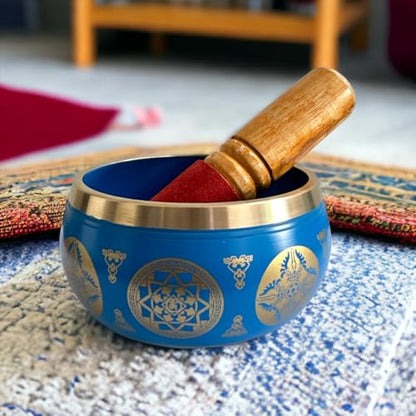 Nature's Own Tibetan Singing Bowl Set- Easy to Play- Meditation Sound Bowl Handcrafted in Nepal for Yoga, Mindfulness, Chakra Healing, Stress Relief- Spiritual Gifts for Women and Men (3.5 Inch, Blue)