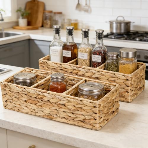 2 Pack 3-Section Woven Baskets, Water Hyacinth Storage Bin, Handwoven Desk Organizer, Toilet Paper Container, Rectangle Holder for Counter Top Toilet Tank Shelves Coffee Bar Pantry