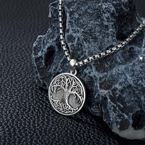 Tree of Life Necklace 925 Sterling Silver Round Tree of Life Pendant Jewelry for Men Women, w/Stainless Steel Chain 22''+2'' - style: A01-Silver