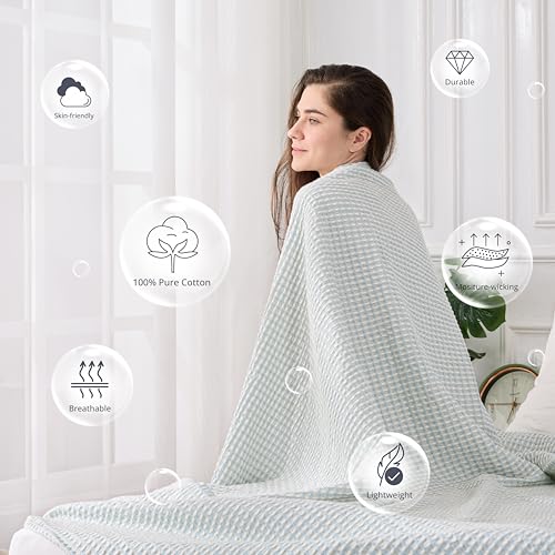 Lightweight Cotton Waffle Throw Blanket, Modern Two-Tone Check Pattern, Soft & Breathable for Bed, Couch, Sofa, All Seasons – Light Blue/White, 50"x60" - color: Blue/White, size: Queen