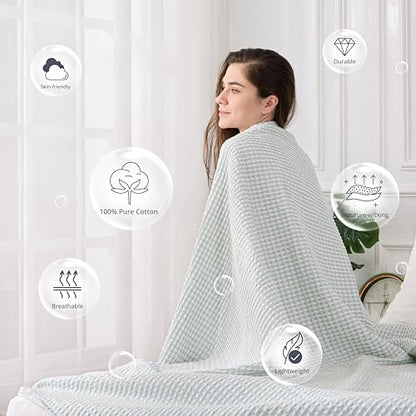 Lightweight Cotton Waffle Throw Blanket, Modern Two-Tone Check Pattern, Soft & Breathable for Bed, Couch, Sofa, All Seasons –Light Blue/White, 50"x60" - color: Blue/White, size: Throw