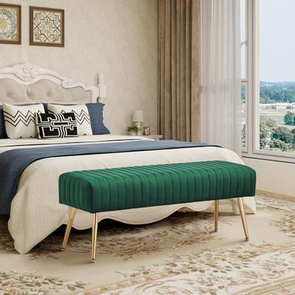 Furnimart 44 Inch Green Velvet Bench Ottoman Comfortable Footrest Stool Table Bench Dining Bench Tufting Bench Indoor Bench with Gold Legs for Living Room Bedroom Entryway (Velvet-Green) - color: Velvet-green