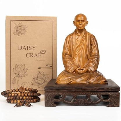 Zen Master Thich Nhat Hanh Wooden Statue with 5.5"x5.5" Oriental Carved Base, Home Altar & Meditation Decor Set