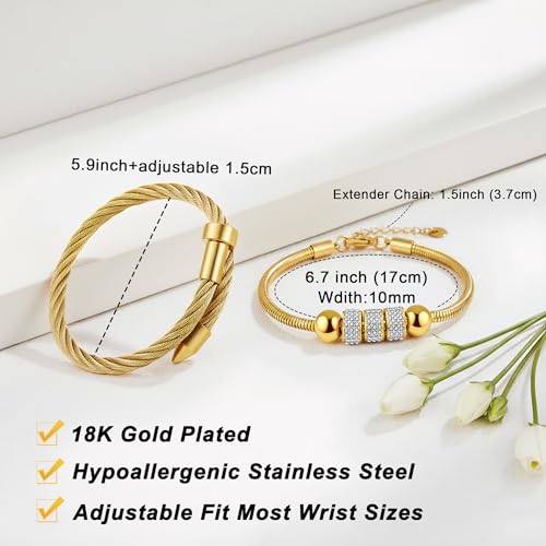 2PCS 18K Gold Plated Nail Bangle & Chain Bracelet Set for Women, Adjustable Stackable Bangle Jewelry, Dainty Gold Bracelet Gift for Women - color: Set D-zirconia