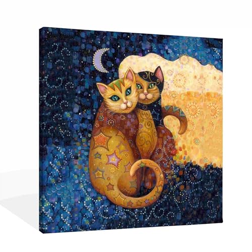 SiuSue Mystical Boho Witchy Moon Starry Cat Spiritual Canvas Wall Art Poster Prints Artwork Pictures Framed for Home Kids Room Bedroom Living Room Meditation Room, 12x12 Inch - color: Cat-7