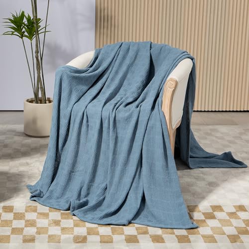 JIKFRIMA Cotton Throw Blanket 150 by 200 cm, Knit Waffle Weave Throw Blankets for Couch, Sofa, Bed, Home Decor, Lightweight and Breathable Crochet Blanket for All Seasons (Navy, Twin (150 by 200 cm))