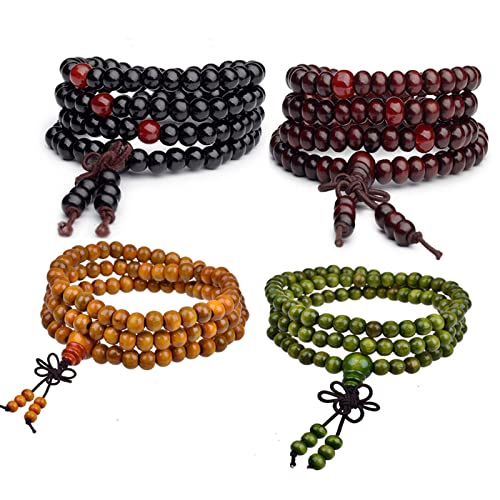 108 Mala Wooden Beads Bracelet Necklace Elastic Healing Wood Sandalwood Seed Buddhist Bracelet for Women Men Buddha Prayer Meditation Jewelry - color: D 4pcs 8mm brown