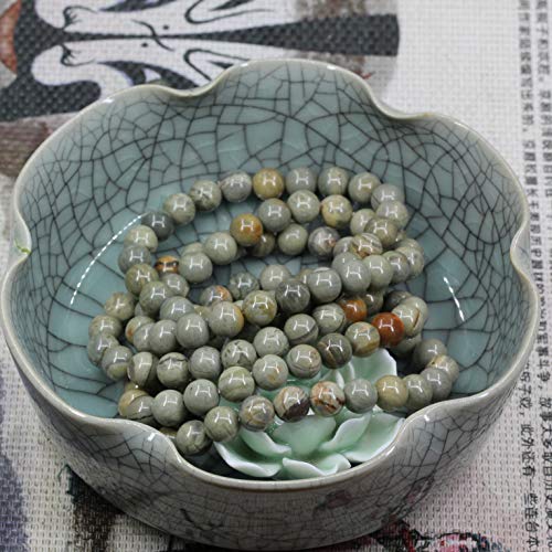 Amandastone Natural Gemstone 8mm Round Beads Stretch Bracelet 7 Inch - color: Silver Leaf Jasper