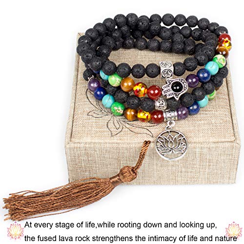 108 Mala Beads Necklace 7 Chakra Tree of Life Pendant Prayer Buddha Bracelets Healing Stone Yoga Men Women Jewelry - color: Natural lava beads